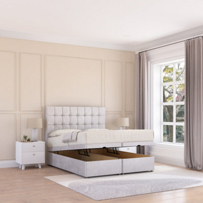 Sloomy Alabama End Lift Ottoman Bed 6Ft With Sprung Memory Mattress - Silver Plush & Headboard- Super King - image 1