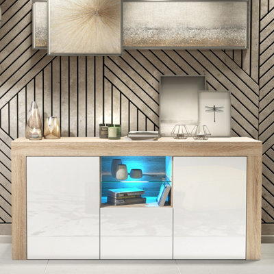 Creative Furniture Aurora Sideboard 145Cm - Oak & White Gloss Doors And Led Lights - image 1