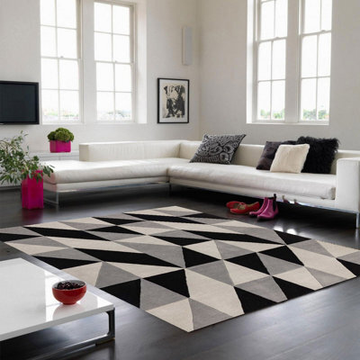 Grey Luxurious Modern Wool Chequered Geometric Handmade Rug For Living Room Bedroom & Dining Room-200Cm X 290Cm - image 1