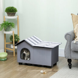 Pawhut Outdoor Cat House, Feral Cat Cave With Elevated Base, Grey - thumbnail 1