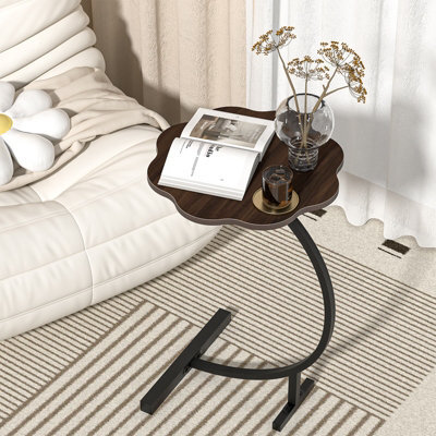 Dayone  Walnut Effect Flower-Shaped Side Table 2-Tier Storage With Carbon Steel Frame For Living Room Or Balcony