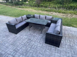 Fimous Wicker Outdoor Garden Furniture Rattan Lounge Sofa Set Patio Rectangular Dining Table With 2 Side Table 9 Seater Dark Grey - thumbnail 2