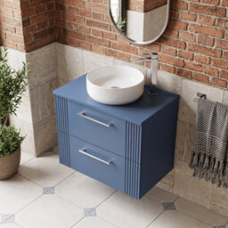 Balterley Belvide Partial Fluted 2 Drawer Wall Hung Vanity Unit With Colour Coordinating Laminate Worktop - 600mm - Satin Blue - thumbnail 3
