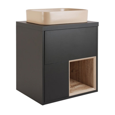 Homestylestore Black Grey 594mm Led Lit Wall Hung Bathroom Vanity Unit Rectangular Sand Countertop Basin Open Shelf - image 1