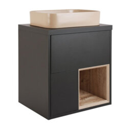 Homestylestore Black Grey 594mm Led Lit Wall Hung Bathroom Vanity Unit Rectangular Sand Countertop Basin Open Shelf - thumbnail 1