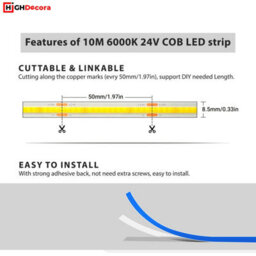 Highdecora Cob Led Light Strip Cutomisable Kit 8mm Width Uniform Dotless Led Tape Light For Room Cabinet Kitchen Wardrobe (Dc24V/6000K/10M) - thumbnail 2