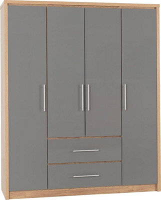 Seconique Seville 4 Door 2 Drawer Wardrobe Grey High Gloss And Light Oak Effect Veneer - image 1