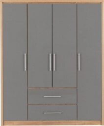 Seconique Seville 4 Door 2 Drawer Wardrobe Grey High Gloss And Light Oak Effect Veneer - thumbnail 2