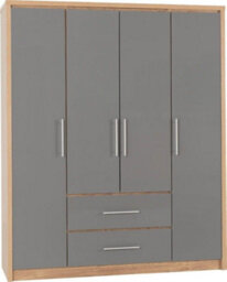 Seconique Seville 4 Door 2 Drawer Wardrobe Grey High Gloss And Light Oak Effect Veneer