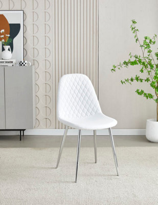 Stratus Interiors Contemporary White Pu Leather Dining Chair With Chrome Legs, Quilted Backrest, Padded Seat, Modern Kitchen & Dining Room Chair
