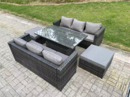 Fimous 8 Seater Rattan Sofa Garden Furniture Set Outdoor Adjustable Rising Lifting Dining Table Set With Footstool - thumbnail 2