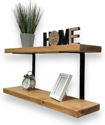 MKGT 80Cm Double Rustic Wooden Shelves Wall-Mounted Shelf With Seated Double Black L Brackets(Rustic Pine) - image 1