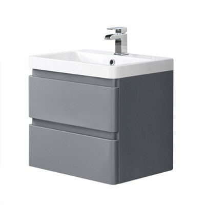 Sundaze 600mm Wall Hung 2 Drawer Vanity Unit Basin Storage Bathroom Furniture Gloss Grey - image 1