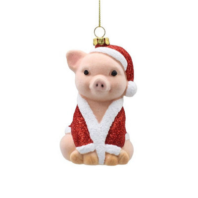 Flocked Christmas Pig Glass Hanging Decoration Novelty Tree Ornament