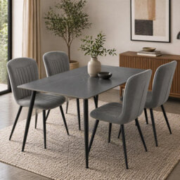 Fwstyle Monaco Grey Sintered Stone 5 Piece Dining Table Set With 4 Grey Waterfall Clamshell Dining Chairs