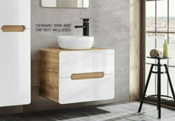 Impact Furniture Wall Hung Vanity Unit 600mm Countertop Bathroom Sink Cabinet With Drawers Handleless White Gloss Oak Arub - thumbnail 1