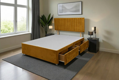 Knight Sleep Emily Mustard Plush 6Ft Divan Bed Base With 4 Drawers & Headboard - Super King
