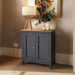 Fwstyle Taberno 2 Door Sideboard Storage Cabinet Graphite Blue & Oak (H) 67 (W) 65 (D) 33Cm