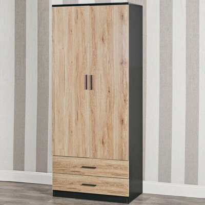 Urbnliving 180Cm Tall Wooden 2 Door Wardrobe Black Carcass And Oak Drawers With 2 Drawers Bedroom Storage Hanging Bar Clothes - image 1