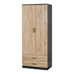 Urbnliving 180Cm Tall Wooden 2 Door Wardrobe Black Carcass And Oak Drawers With 2 Drawers Bedroom Storage Hanging Bar Clothes - thumbnail 2