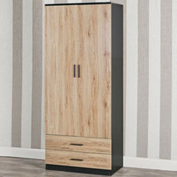 Urbnliving 180Cm Tall Wooden 2 Door Wardrobe Black Carcass And Oak Drawers With 2 Drawers Bedroom Storage Hanging Bar Clothes