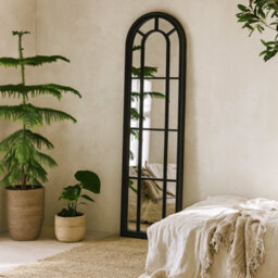 Wyld Haus Slim Tall Black Wood Arched Panel Window Mirror