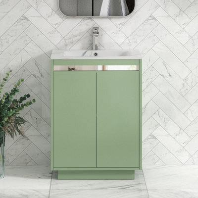 Royal Bathrooms Orion 600mm Mint Sage 2 Door Floor Standing Bathroom Vanity Unit With Carrara White Basin & Chrome Accent Trim - image 1