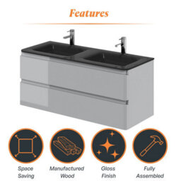 Plum&clay Marvel Gloss Light Grey Wall Hung Bathroom Vanity Unit With Grey Glass Basin (W)1200mm - thumbnail 5