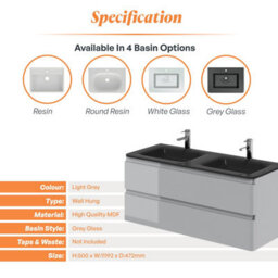 Plum&clay Marvel Gloss Light Grey Wall Hung Bathroom Vanity Unit With Grey Glass Basin (W)1200mm - thumbnail 4