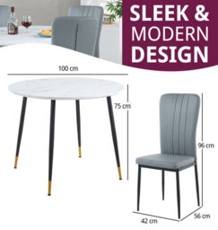 Hallowood Furniture Finley Small Round Dining Table In White Marble Finish With 4 Light Grey Faux Leather Chairs - thumbnail 3