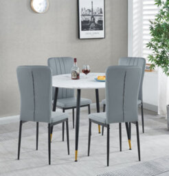 Hallowood Furniture Finley Small Round Dining Table In White Marble Finish With 4 Light Grey Faux Leather Chairs