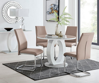 Furniturebox Giovani Round 4 Seat 100Cm White High Gloss Unique Halo Base Grey Glass Top Dining Table 4 Beige Faux Leather Lorenzo Chairs - image 1