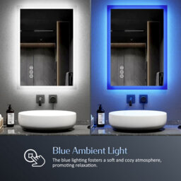 Emke Bluetooth Bathroom Mirror With Shaver Socket, 400X600mm Blue Atmosphere Light Mirror With 2 Color, Dimmable, Demister - thumbnail 3