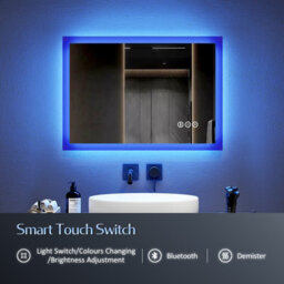 Emke Bluetooth Bathroom Mirror With Shaver Socket, 400X600mm Blue Atmosphere Light Mirror With 2 Color, Dimmable, Demister - thumbnail 2