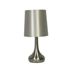 Navilux Modern Chrome Teardrop Touch Table Lamp Silver Faux Silk Shade 4-Stage Dimmable Silver Brushed Single Lamp Energy Class F - thumbnail 1