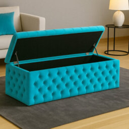 90Cm Wide Lux Ottoman Storage Box, Teal Velvet Upholstered Chesterfield Storage Ottoman Box - thumbnail 2