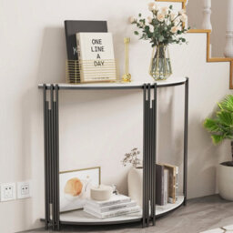 Fativo 100Cmw Modern Half Moon Round Console Table Dual Layer Marble Shelf Hallway Living Room - thumbnail 9