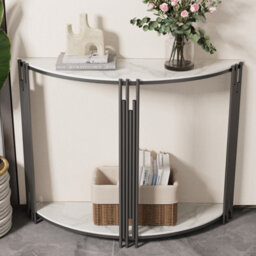 Fativo 100Cmw Modern Half Moon Round Console Table Dual Layer Marble Shelf Hallway Living Room - thumbnail 8