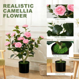 Homcom 65Cm Artificial Camellia Flower Plant With 116 Lush Leaves, Pink - thumbnail 4