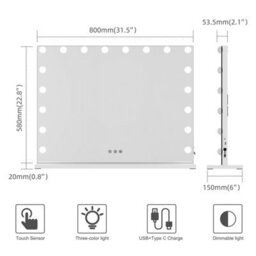 Fascinate Hollywood Vanity Mirror Xtra Large 80X60Cm 18 Dimmable Led Beauty Mirror Tempered Glass Wall Mount Tabletop White - thumbnail 3