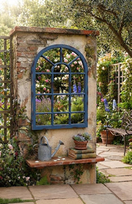 Deenz Arched Top Window Pane Style Wall Hanging Garden Mirror Blue Rustic Grid Plastic Framed Indoor And Outdoor Décor 69X34Cm - image 1
