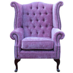 Chesterfield High Back Wing Chair Flamenco Crush Carnation Fabric In Queen Anne Style - thumbnail 3
