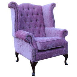 Chesterfield High Back Wing Chair Flamenco Crush Carnation Fabric In Queen Anne Style - thumbnail 2