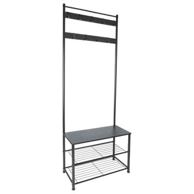 Harbour Housewares Coat Rack With Shoe Storage Bench - Square Steel Frame - Black Hall Tree Coat Stand With 9 Hooks & Shoe Shelf - image 1