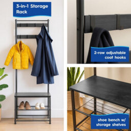 Harbour Housewares Coat Rack With Shoe Storage Bench - Square Steel Frame - Black Hall Tree Coat Stand With 9 Hooks & Shoe Shelf - thumbnail 2