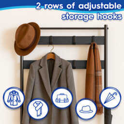 Harbour Housewares Coat Rack With Shoe Storage Bench - Square Steel Frame - Black Hall Tree Coat Stand With 9 Hooks & Shoe Shelf - thumbnail 3