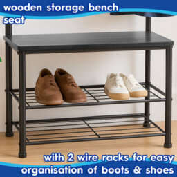 Harbour Housewares Coat Rack With Shoe Storage Bench - Square Steel Frame - Black Hall Tree Coat Stand With 9 Hooks & Shoe Shelf - thumbnail 4