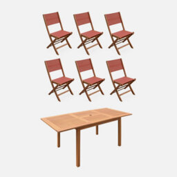 Sweeek - 6-Seater Extendable Wooden Garden Table With 6 Textilene Chairs Natural 180X80X75 Cm - Almeria Table 180Cm + 6 Chairs