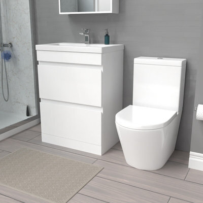 Nes Home White 600mm 2 Drawers Freestanding Basin Vanity & Close Coupled Toilet - image 1