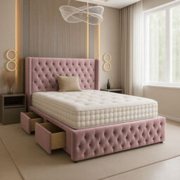 Adore Designs Chesterfield Plush Velvet Divan Bed, Winged Headboard, Mattress & Footboard - 5Ft Kingsize - Pink - 2 Drawers Left Side - thumbnail 1